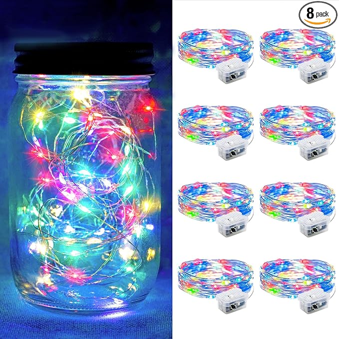 8 Pack Fairy Lights 7Ft 20 LED Twinkle String Lights 3 Modes Battery Operated Waterproof Firefly Starry for Mason Jar Party Wedding Christmas Valentines Day Table Centerpieces,Multicolor