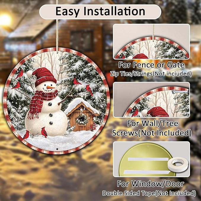 Round Christmas Metal Signs Vintage Snowman and Red Birds Tin Sign Metal Poster Christmas Snowman Sign for Bedroom Farmhouse Garage Wall Decor 12 * 12 in