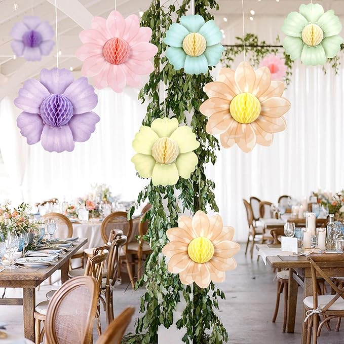 SUNBEAUTY 9 PCS Pastel Rainbow Party Decorations 10 Inch Giant Paper Flowers 3D Honeycomb for Party Pastel Hanging Flower Decorations for Girls Wall Birthday Wedding Backdrop Bridal Shower Classroom