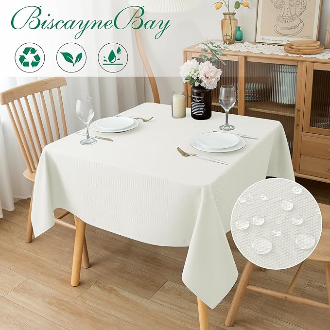 Biscaynebay Textured Fabric Square Tablecloths 60x60 Inches, Ivory Water Resistant Table Cloth Small Card Folding Table Covers Linen for Dining, Kitchen, Wedding and Parties etc. Machine Washable