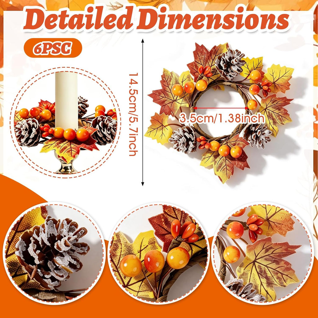 6 PCS Fall Taper Candle Rings 1.38" Mini Thanksgiving Taper Candle Holder Wreaths with Maple Leaves Pine Cones Berries Autumn Harvest Table Centerpieces Decor for Candlesticks Farmhouse Home Decor