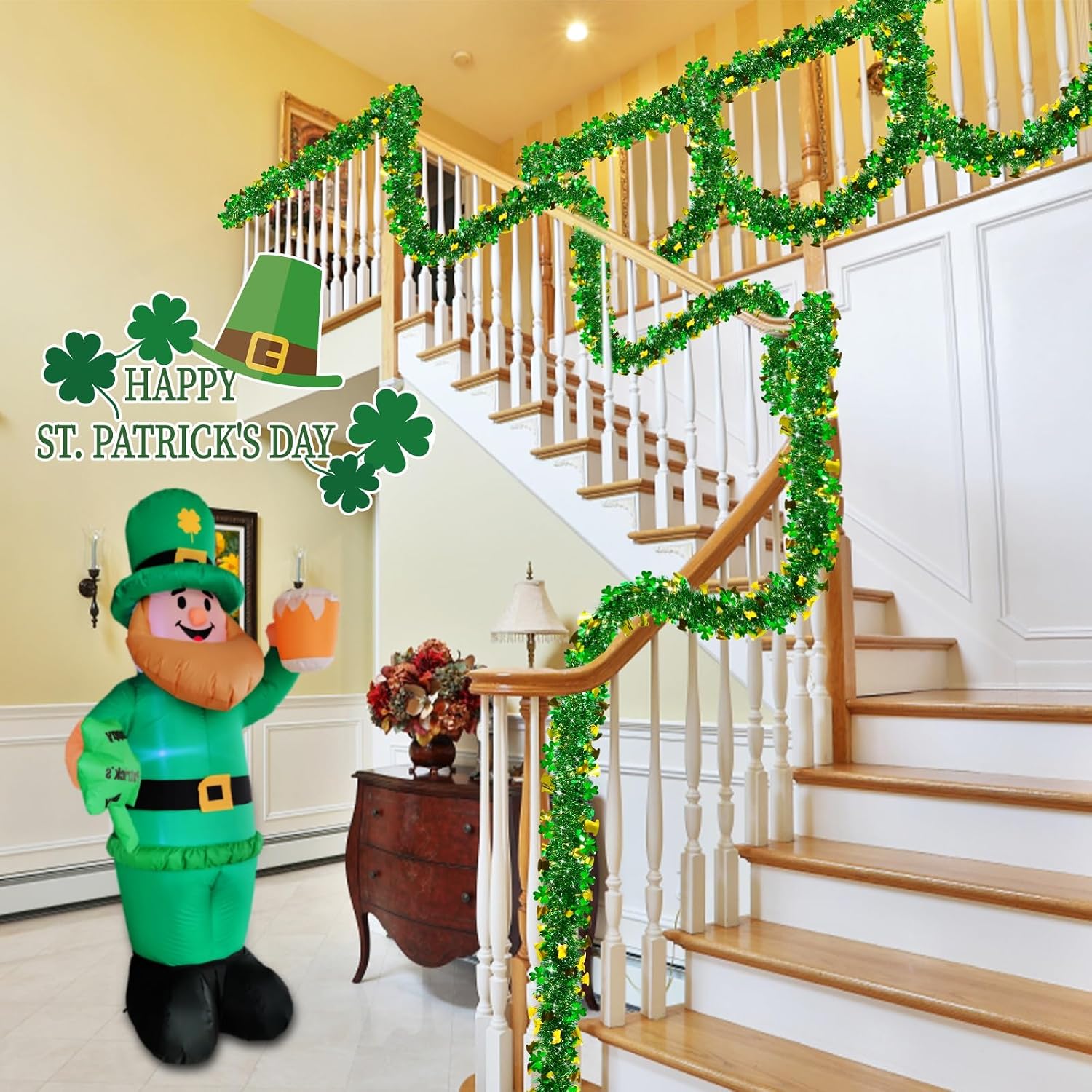 33 Ft Tinsel Garland St.Patrick's Day Decoration,Green Gold Leprechaun Hat Shamrocks Clover Metallic Streamers St.Patrick's Day Decorations for Home Outdoor Indoor Irish Party Supplies Decorations