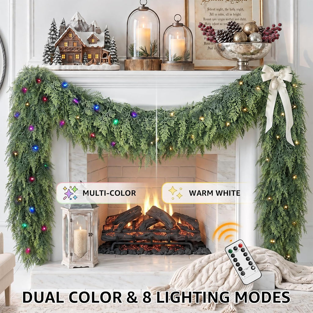 9ft prelit real touch cedar christmas garland with, close-up detail
