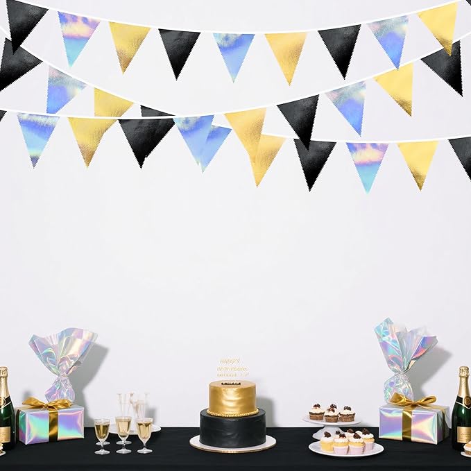Black Gold Iridescent Party Decorations Triangle Pennant Banner Flag Metallic Fabric Bunting for Birthday Graduation Retirement Wedding Bridal Shower Engagement Bachelorette Disco Party Supplies