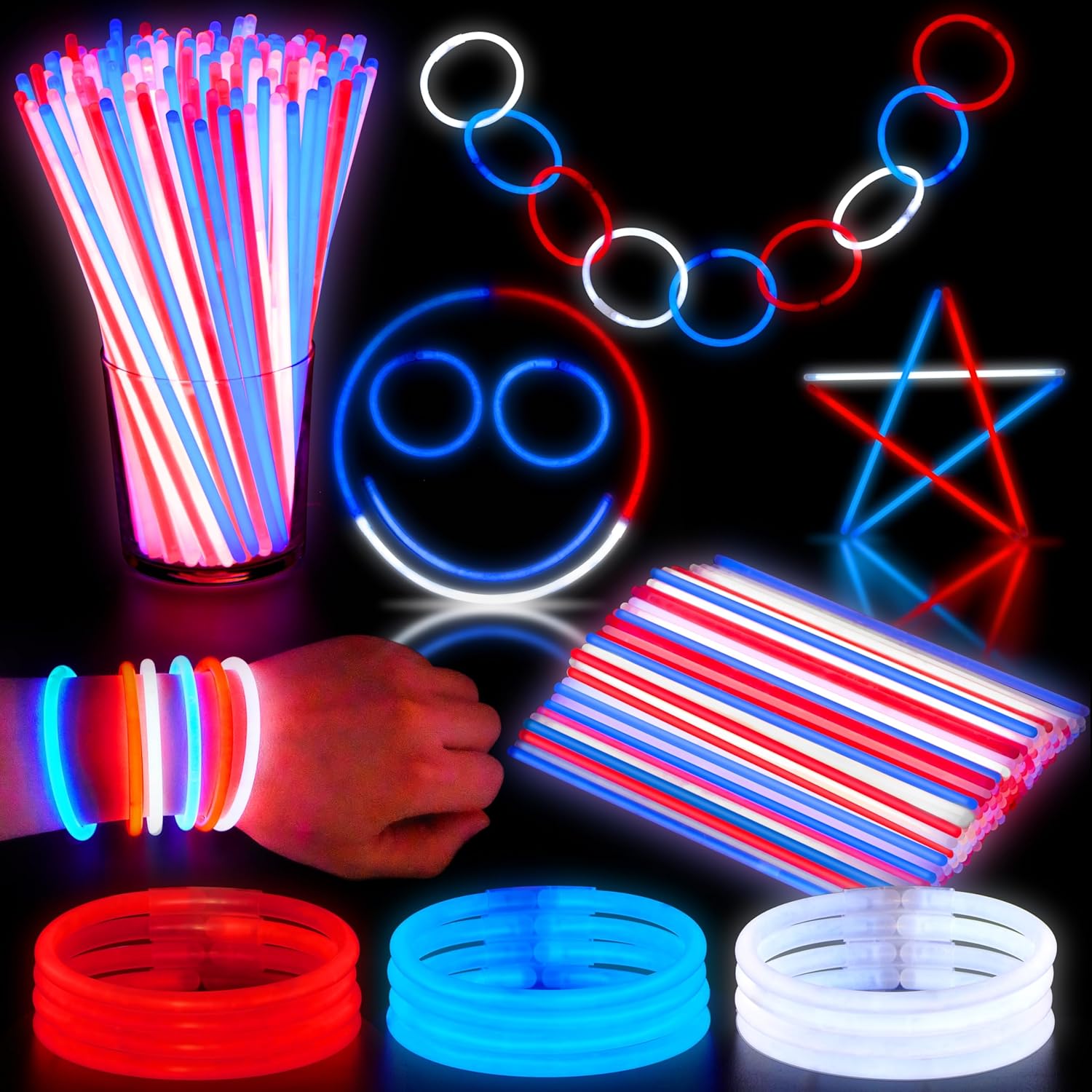 JOYIN 72 Pcs 4th of July Glow Sticks with connectors, Red White Blue Glow in the Dark Bracelets for Kids Adults, Patriotic LED Light Up Toys for Independence Day, Memorial Day, Party Favors