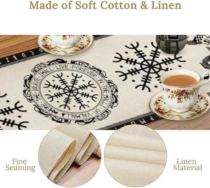 Ancient Abstract Pattern Table Runner, Tree of Life Eagle Dragon Boat Rudder Black and White Table Runner 13x108 Inch