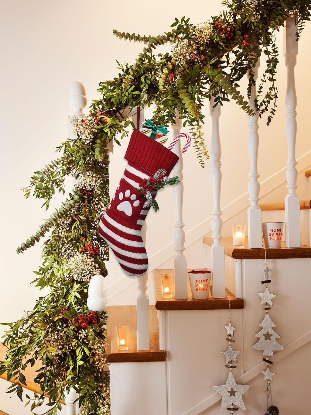 Estivaux Large Christmas Stockings Xmas Fireplace Hanging Stockings Burgundy Red Knit Stocking White Stripes Stockings Gift Holding Bag for Home Christmas Decorations Party Favor Supplies