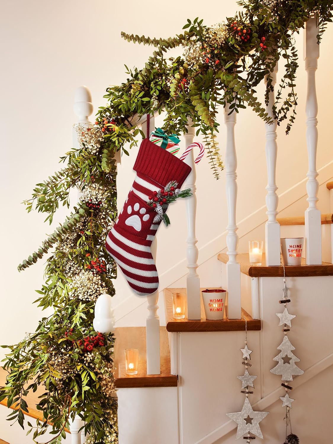 Estivaux Large Christmas Stockings Xmas Fireplace Hanging Stockings Burgundy Red Knit Stocking White Stripes Stockings Gift Holding Bag for Home Christmas Decorations Party Favor Supplies