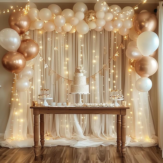 Fomcet Champagne Tulle Backdrop Curtains with Lights String 10FT X 10FT Sheer Curtain with Lights Tulle Curtains Backdrop for Wedding Birthday Party Photo Shoot (2 Panels 5x10FT)