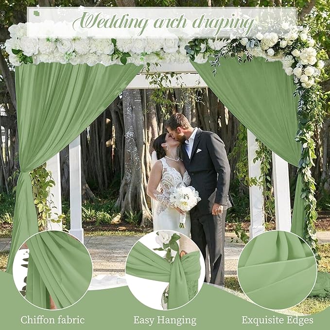 Wedding Arch Drapes, 4 Panels 28" x 20ft Sage Green Sheer Chiffon Curtains for Wedding Ceremony & Reception Party Decoration