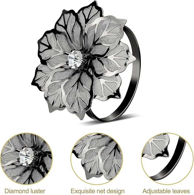 KPOSIYA Flower Napkin Rings Holder Metal Black Napkin Rings Set of 6 for Wedding Party Holiday Banquet Christmas Dinner Delicate Serviette Buckles Decor Favor (6, Black)