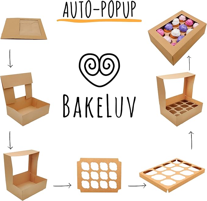 BAKELUV Brown 12 Cupcake Boxes, Cupcake Containers | 13x9.5x4, 12 Pack | 12 Cupcake Box Bulk, Cupcake Boxes 12 Count Carrier, Option to 14x10x4 Bakery Boxes with Window, ¼ Sheet Cake Box 13x9 Inches