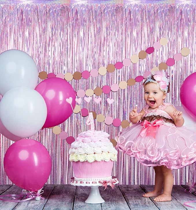 GOER 2 Pack 3.2 ft x 8.2 ft Metallic Tinsel Foil Fringe Curtains Party Photo Backdrop Party Streamers for Birthday,Graduation,New Year Eve Decorations Wedding Decor (Laser Pink)