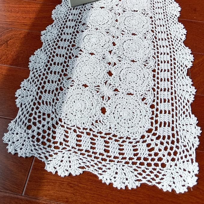 Phantomon Lace Table Runner Rectangular Table Cover Cloth Handmade Crochet Floral Placemats 100% Cotton (Floral White, 15x28Inch)