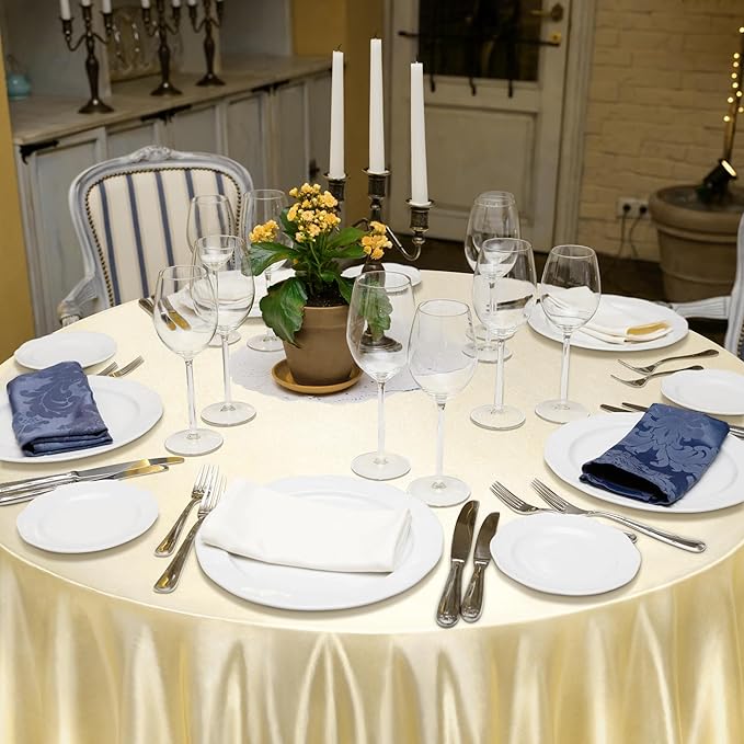 Ruisita 120 Inches Round Satin Tablecloths Champagne Overlay Round Satin Table Cover Bright Silk Tablecloth Smooth Fabric Tablecloth for Wedding Banquet Table Decoration