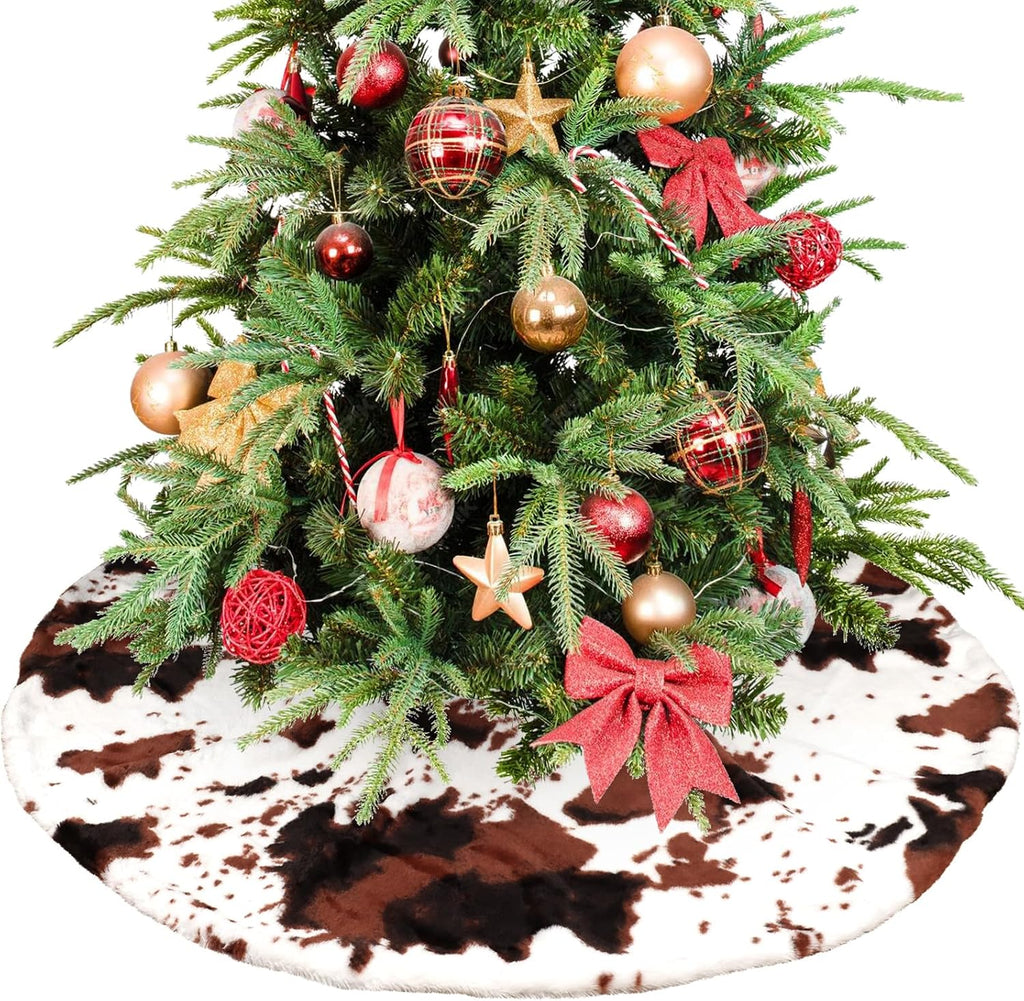 Christmas Tree Skirt Cow Print Faux Fur Folable Christmas Ring Tree Skirt for Artificial Trees Base Stand Cover Xmas Trees Decoration