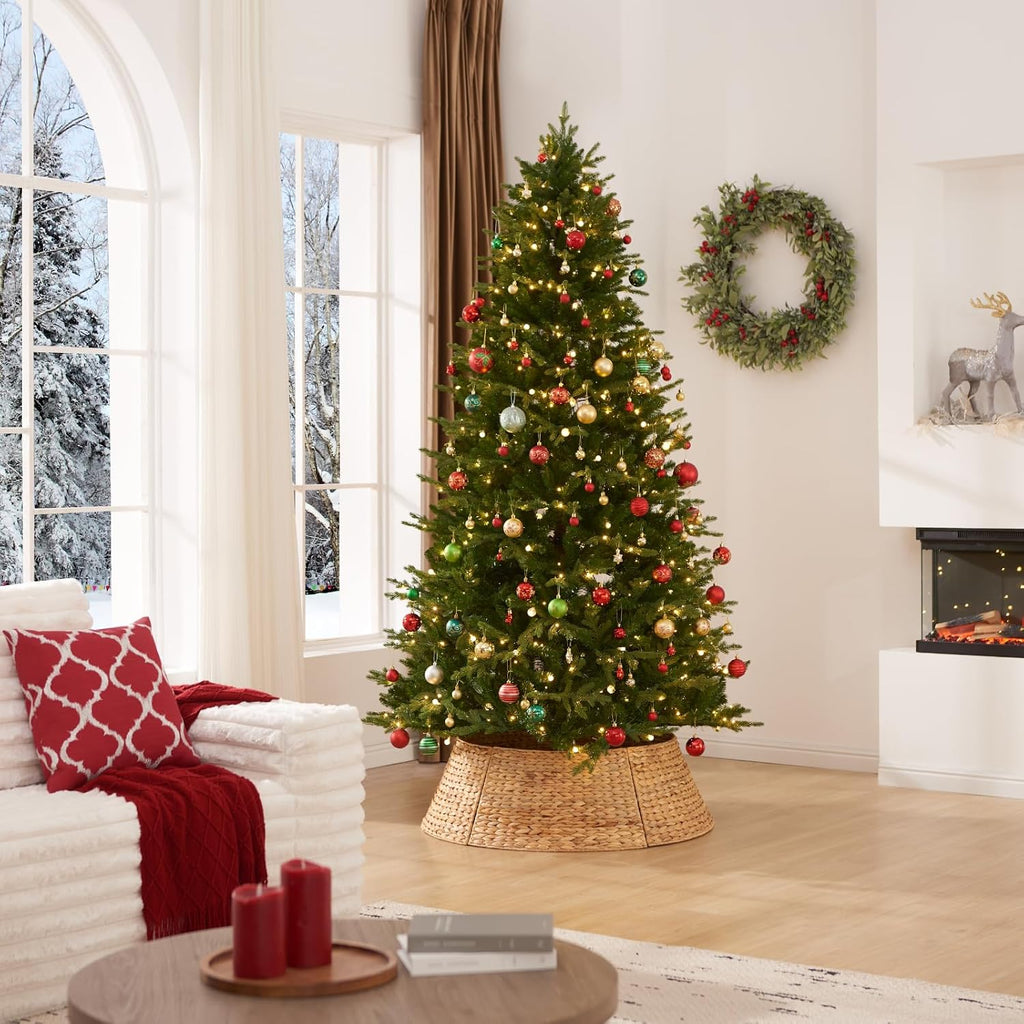YANGQIHOME 24in Christmas Tree Collar, Rattan Tree Skirt, Woven Water Hyacinth Tree Base Cover for Home Decoration with Cord Cut-Out
