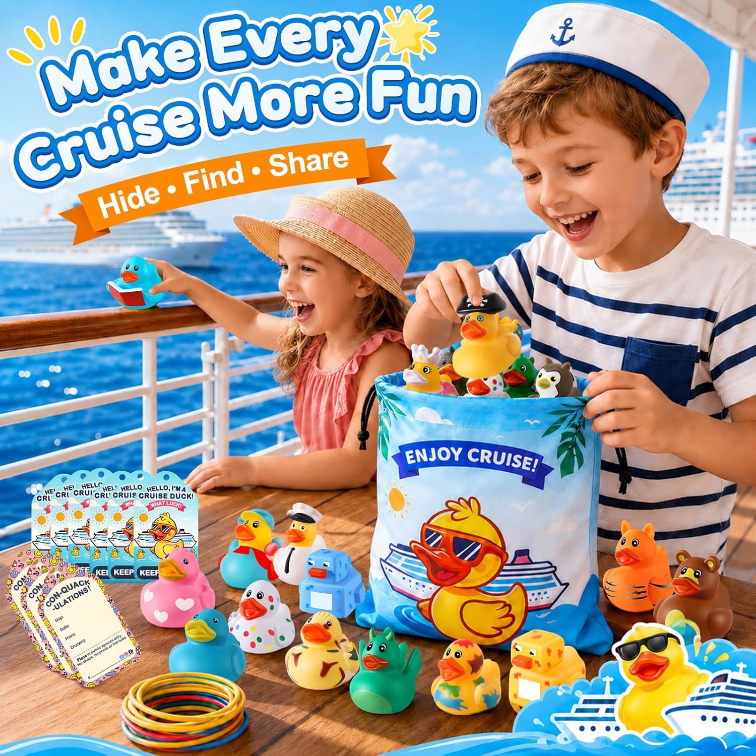 100 Pcs Cruise Rubber Ducks Kits Include 30 Cruise Ducks with 30 Cruising Duck Tags 40 Rubber Bands and 1 Duck Bag, Bulk Ducks for Cruise Ships Hiding Carnival Ducking Cruise Essentials
