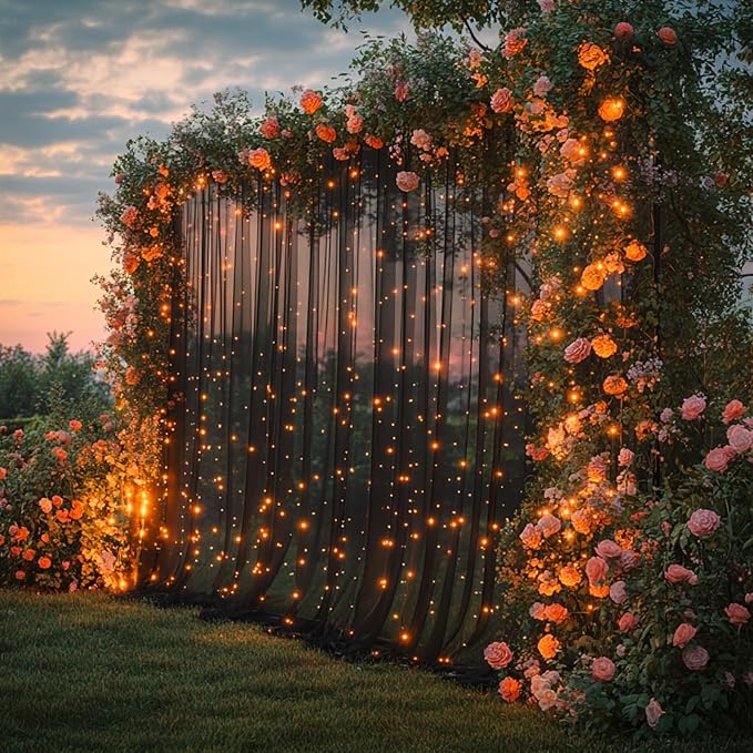 10x10ft Black Tulle Backdrop Curtain with String Lights, Wrinkle-Free Sheer Wedding Backdrop for Birthday Parties, Baby Showers, Bridal Showers, Photo Shoots and Home Decorations, Black