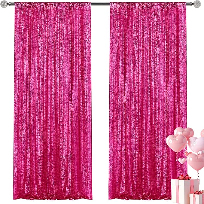 Fuchsia Sequin Backdrop Curtain 2 Pieces 2FTx8FT Glitter Photography Backdrop for Party Wedding Birthday Christmas Decorations