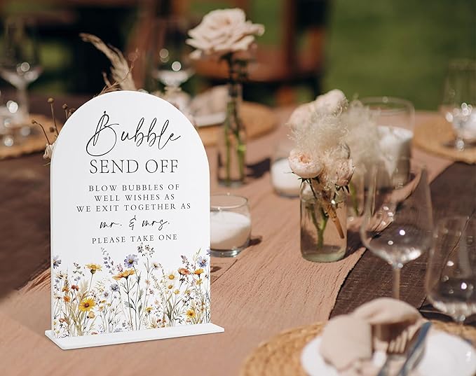 Wedding Signs for Ceremony and Reception, Boho Floral Acrylic Bubble Send Off Sign, Wedding Signage with Stand, Bridal Shower Table Centerpieces, Supplies for Engagement Reception and Event Party, 29