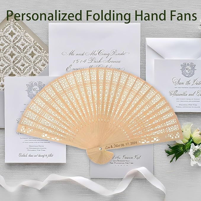 100Pcs Wedding Fans Personalized Folding Hand Fans Custom Sandalwood Wedding Fans with Organza Bags Wedding Party Favor Wedding Fans for Guests (100)