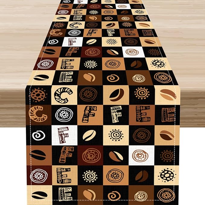 Coffee Theme Table Runner, Rustic Farmhouse Coffee Cup Latte Cappuccino Tea Party Cafe Table Center Decor for Home Kitchen Dining Patio Holiday Party Indoor Outdoor Table Decorations, 13"x72" Inch