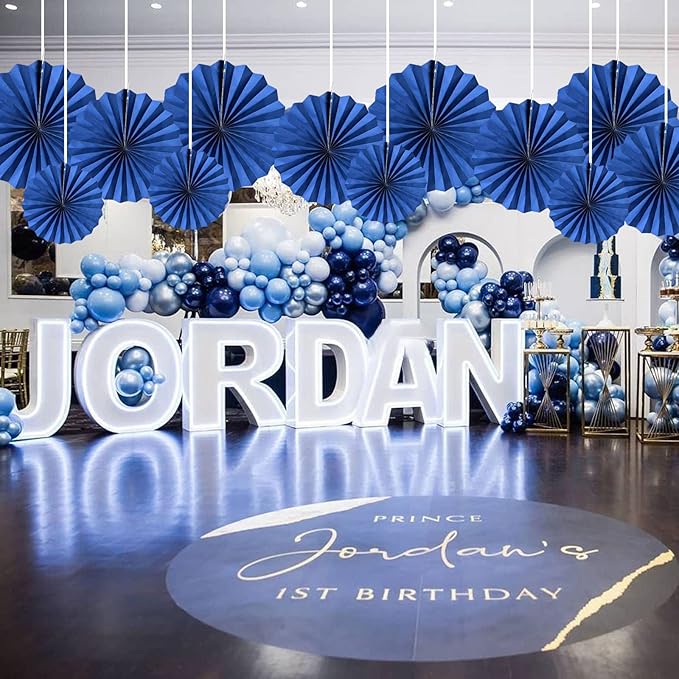 HQZ Blue Party Hanging Fans DIY Set - 12pcs Paper Fans, Pinwheels, Craft for Wedding, Birthday, Christmas Party Decoration