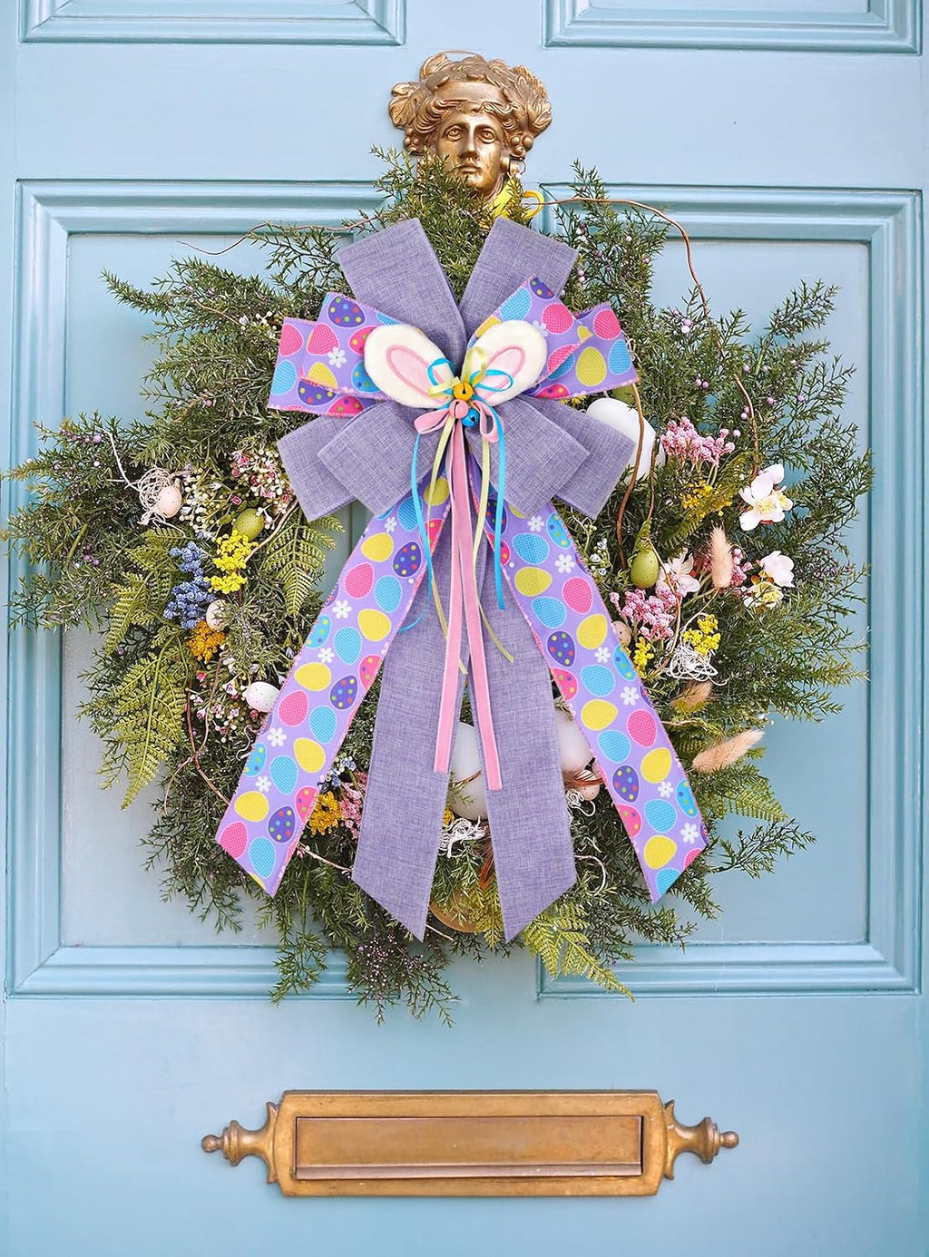 Easter Wreath Bows, Large Easter Rabbits Burlap Bows Holiday Bow Rabbits Bunny Bows for Wall Indoor Outdoor Decor (Purple)