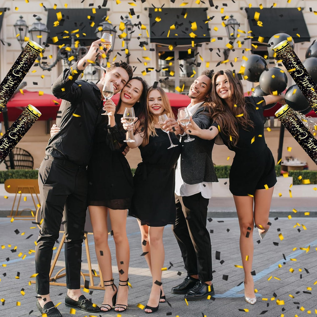 12" Black and Gold Confetti Cannon Party Poppers - 2 Pack | Birthday Graduation Wedding Retirement New Year Celebrations - Easy to Use