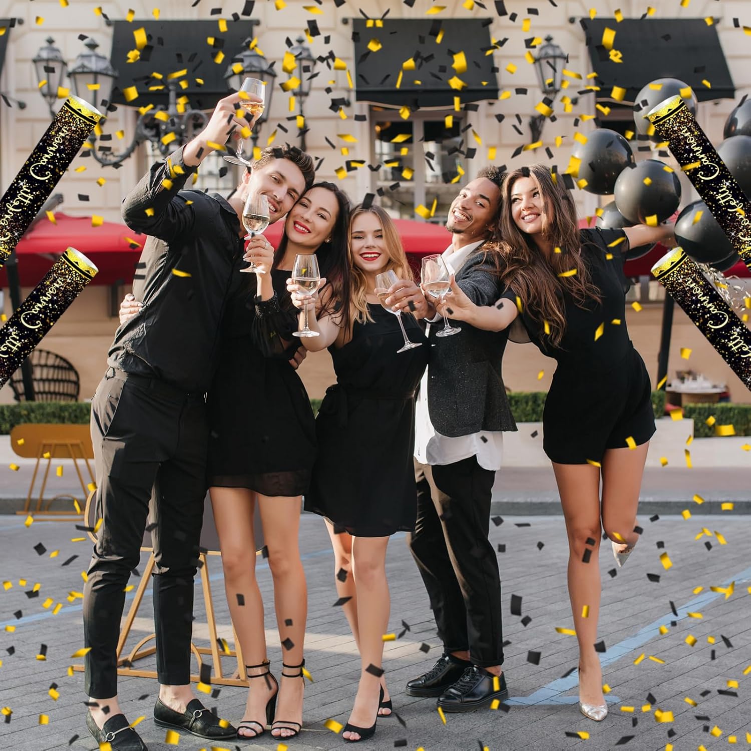 12" Black and Gold Confetti Cannon Party Poppers - 2 Pack | Birthday Graduation Wedding Retirement New Year Celebrations - Easy to Use