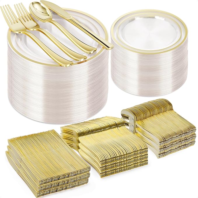 600PCS Clear Gold Plastic Plate Set (100 Guests), Plastic Plates for Party Wedding Birthday, Disposable Dinnerware Set of 200 Plates, 200 Forks, 100 Spoons, 100 Knives for Christmas