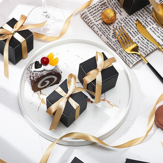 Jutom 100 Pcs Mini Favor Boxes Extra Small Candy Boxes Paper with Gold Ribbon for Christmas Thanksgiving Day Birthday Wedding Anniversary Supplies(2 x 2 x 2 Inch,Black)
