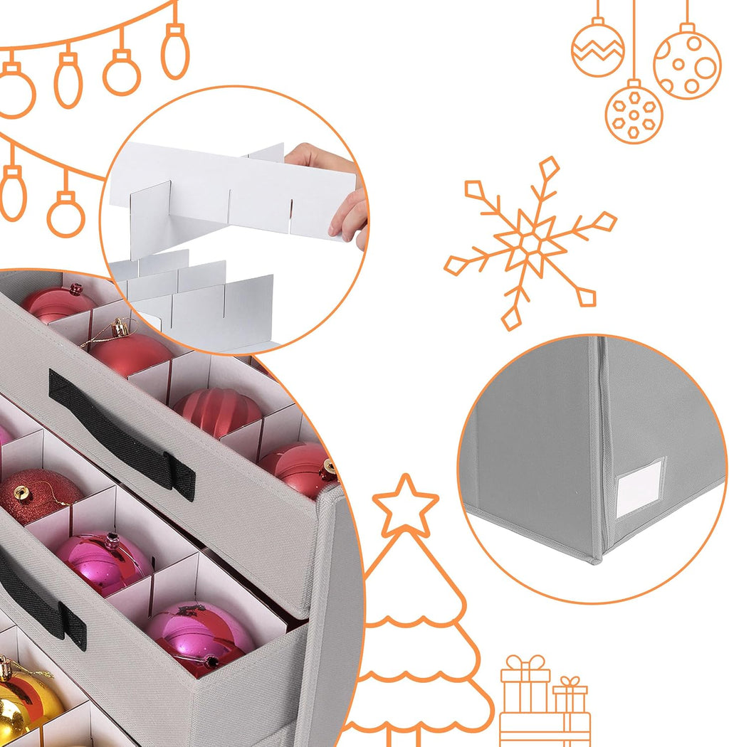 Relaxdays Christmas Bauble Storage Box, 64 Baubles, H x W x D: 40 x 36.5 x 36.5 cm, Polyester, Cardboard, Ball Box, Grey
