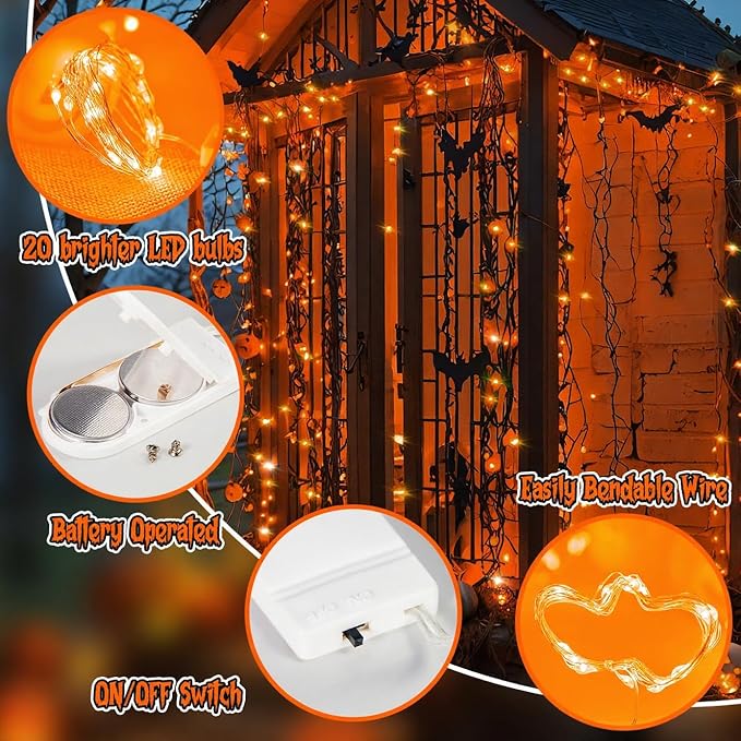 TingMiao Halloween Orange Fairy Lights Battery Operate,7.2ft 20 LEDs String Lights Silver Copper Wire for Hallowen Christmas DIY Decoration Wedding Party (6 Pack)