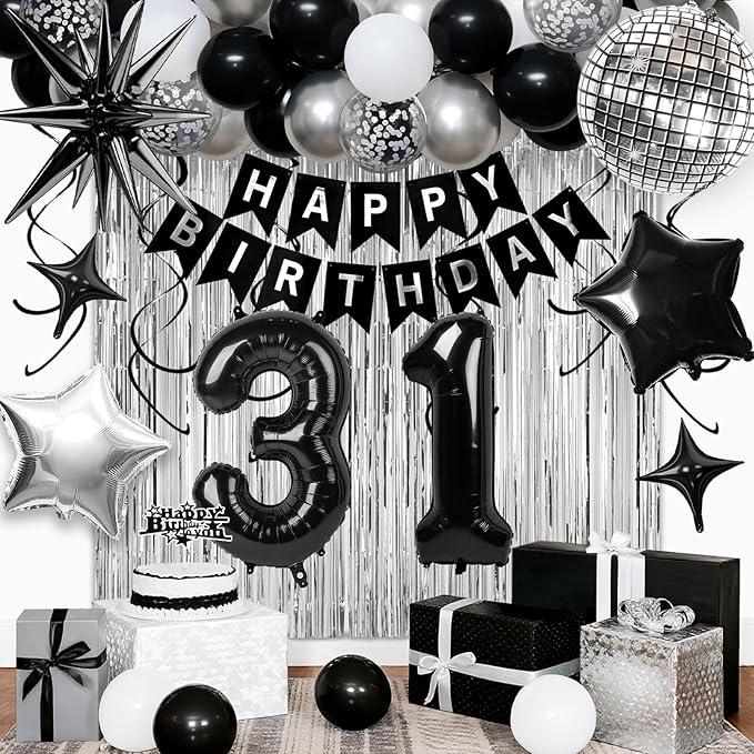 31st Birthday Decorations for Men Women, Black Silver Happy Birthday Party Decorations， 31 Year Old Party Supplies with Number 31 Balloons, Banner, Fringe Curtains Kit
