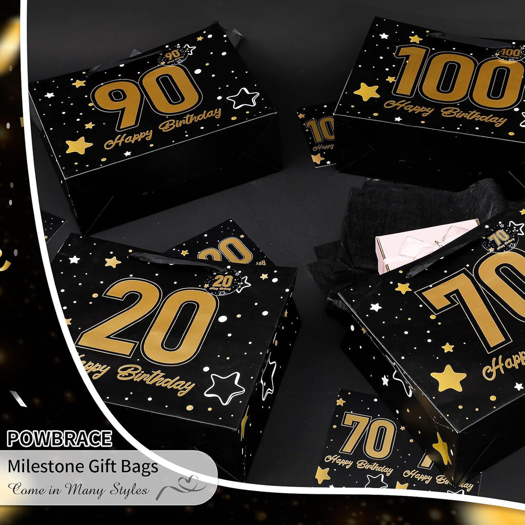 Powbrace 13" Black 70th Birthday Gift Bag with Tissue Paper and Greeting Card for Party,Happy Birthday Gift Bag for Men Women,Gift Bags Medium size(1 Black 70th)