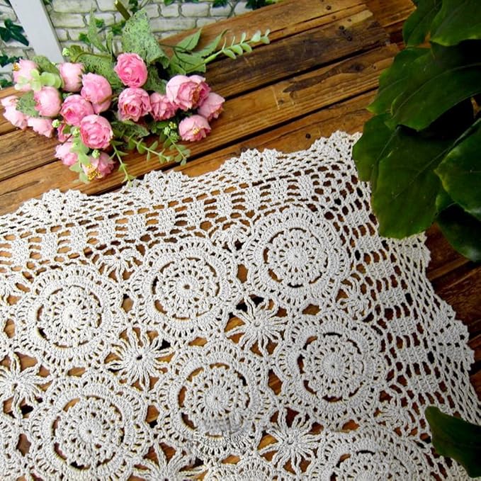 Cotton Handmade Crochet lace Table Runners Rectangular Tablecloth Doilies Doily Table Dresser Scarf Décor,19x35Inch,White