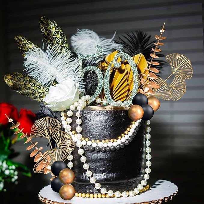 Boho Cake Topper Black Gold Balls Cake Topper Gold Leaves Cake Decoration Prom Cake Decoration Roaring 20s Cake Decoration 1920s Party Supplies