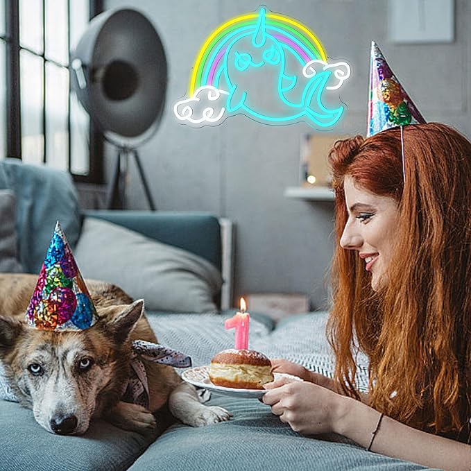 Rainbow Narwhal Neon Sign Dreamy Narwhal Led Sign Dimmable Rainbow Cloud Light up Sign Cute Fish Neon Light Decor for Bedroom Living Room Girl Dorm Shop Birthday Party Wedding Cartoon Lover