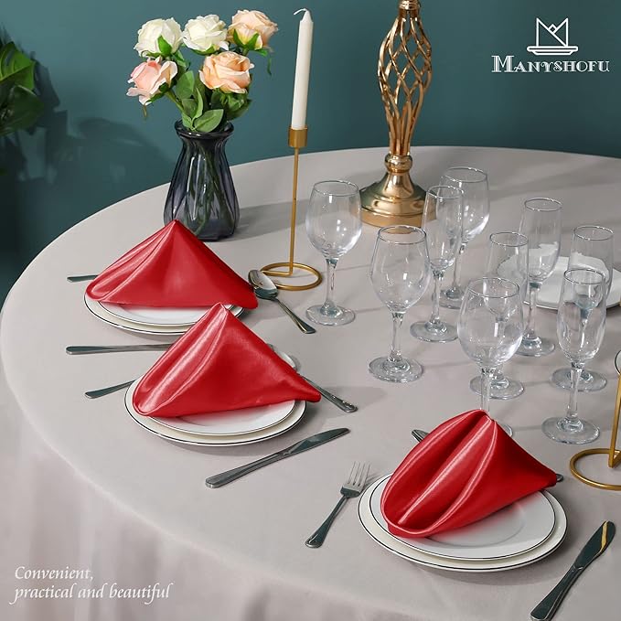 Manyshofu 50 Pieces Red Satin Napkins - 12x12 Inches Cloth Napkins, Square Satin Fabric Napkin Set - Smooth & Reusable Table Napkins for Wedding Dinner Party Lunch Banquet Restaurant Decoration