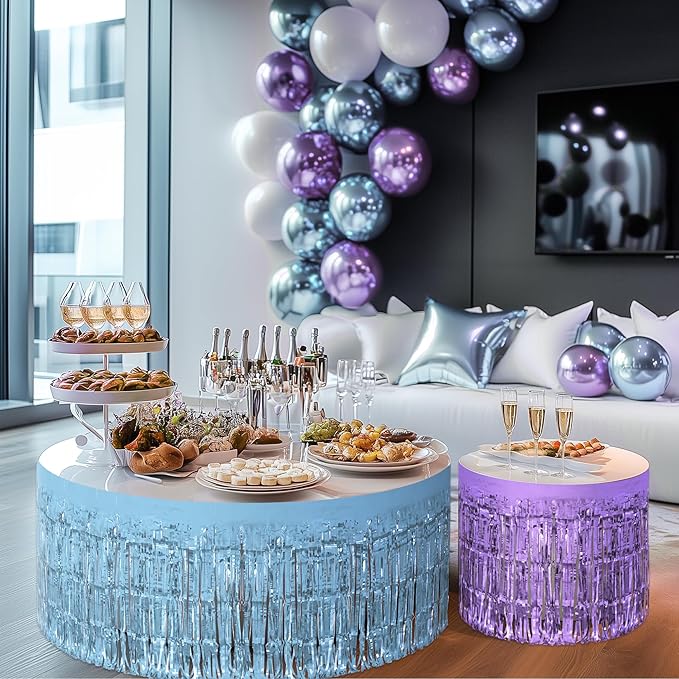 2 Pack Light Blue Light Purple Table Skirts, 29x108" Metallic Foil Tinsel Fringe Table Skirt for Rectangle Tables Streamer Curtains Backdrop, Party Decorations for Birthdays, Weddings, Holidays