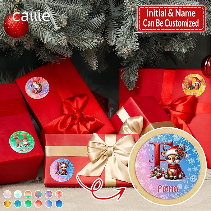 callie Personalized Christmas Stickers - Custom Name & Initial, 1.97 Inch Cute Elk Santa Penguin Design Merry Christmas Stickers Labels for Envelopes Seals Crafts Cards Gifts (30PCS)