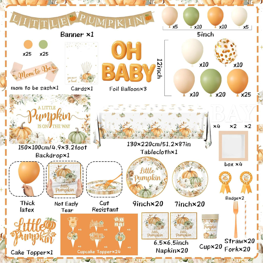 Little Pumpkin Baby Shower Decorations for Boy or Girl,275pcs Fall Baby Shower Plates and Napkins Cups Backdrop Tablecloth Topper Balloon for A Little Pumpkin Is On The Way Baby Shower Decorations