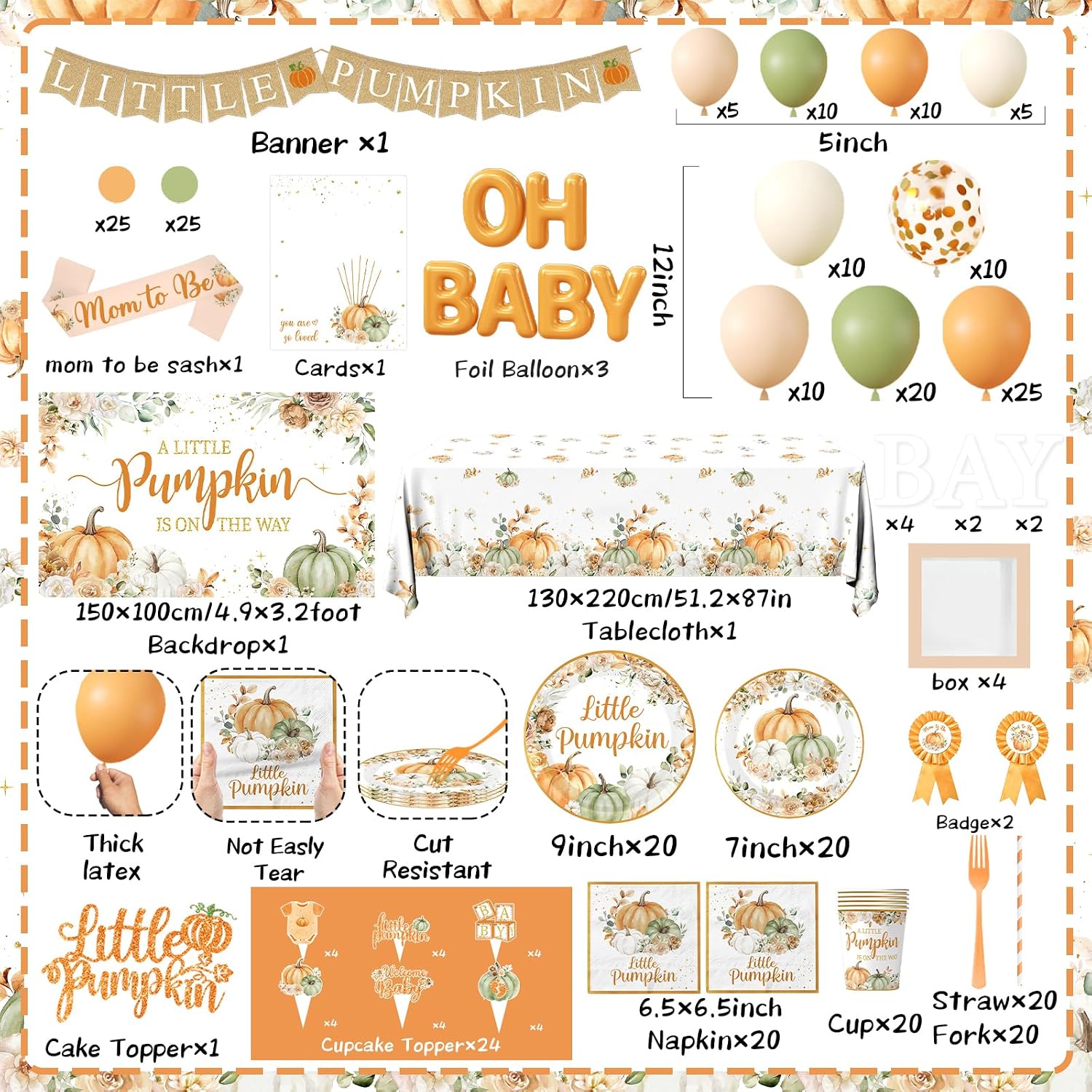 Little Pumpkin Baby Shower Decorations for Boy or Girl,275pcs Fall Baby Shower Plates and Napkins Cups Backdrop Tablecloth Topper Balloon for A Little Pumpkin Is On The Way Baby Shower Decorations