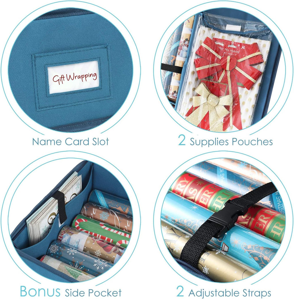 Hearth & Harbor Wrapping Paper Storage Container - Christmas Storage Bag with Interior Pockets - Gift Wrap Organizer Fits Up to 22 Rolls of 40" - Tear Proof, Blue