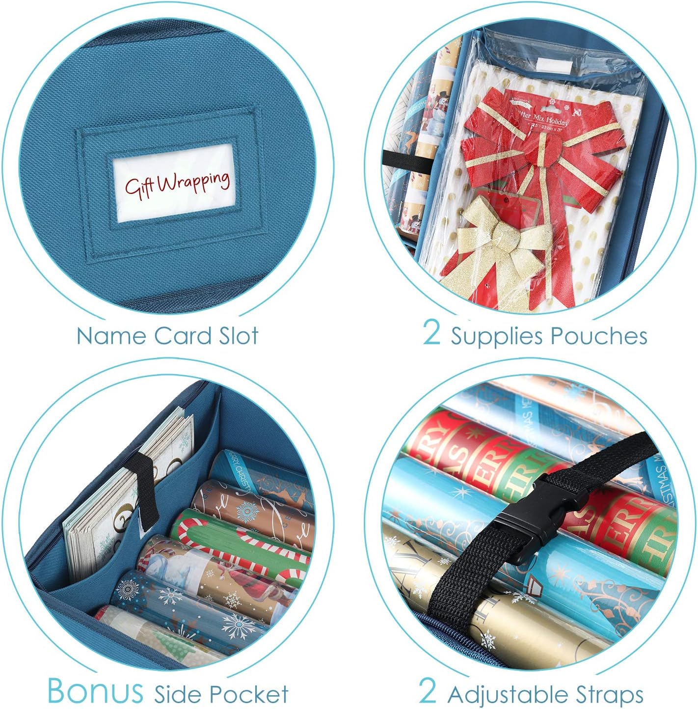 Hearth & Harbor Wrapping Paper Storage Container and Clear Wrap Paper Holder - Christmas Storage Bag with Interior Pockets - Fits Up to 36 Rolls of 40" - Tear Proof, Blue