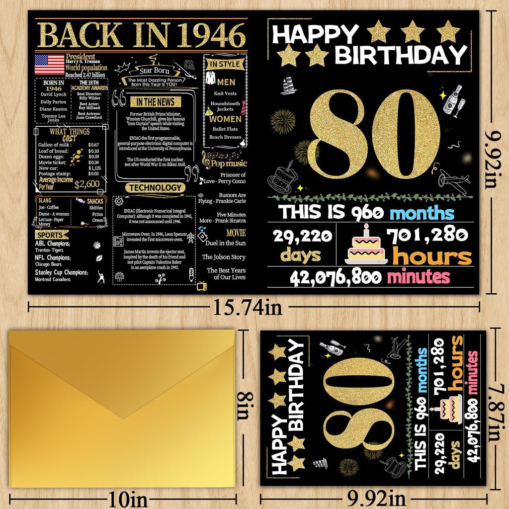 Joycard 80th Birthday Card with Envelope, 80th Birthday Decorations for Women Men, 80th Birthday Gifts, Perfect for Grandpa Grandma, Happy Birthday Cards for 80 Year Old Mother Dad, Back in 1946