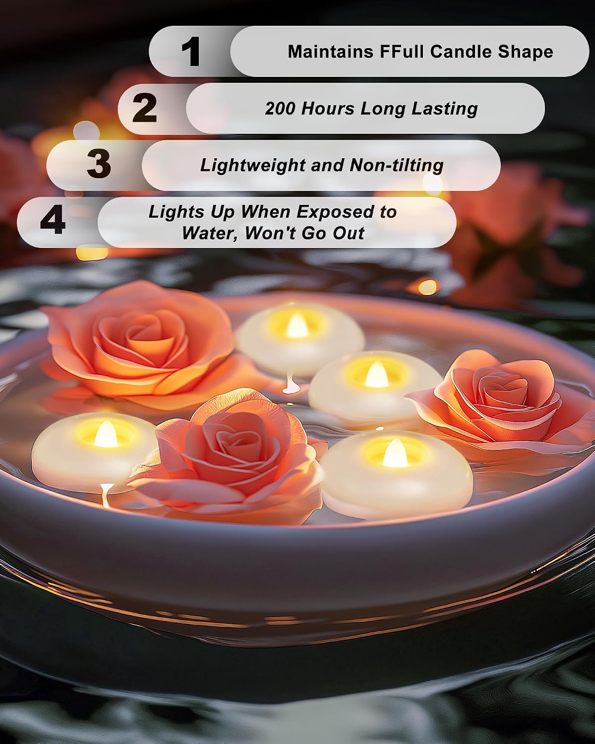 5plots 24Pack 200 Hour Flameless Floating Candles, 3 Inches White Waterproof Led Tealights for Wedding Vases Centerpieces Party Proposal Pool Decor Decoration
