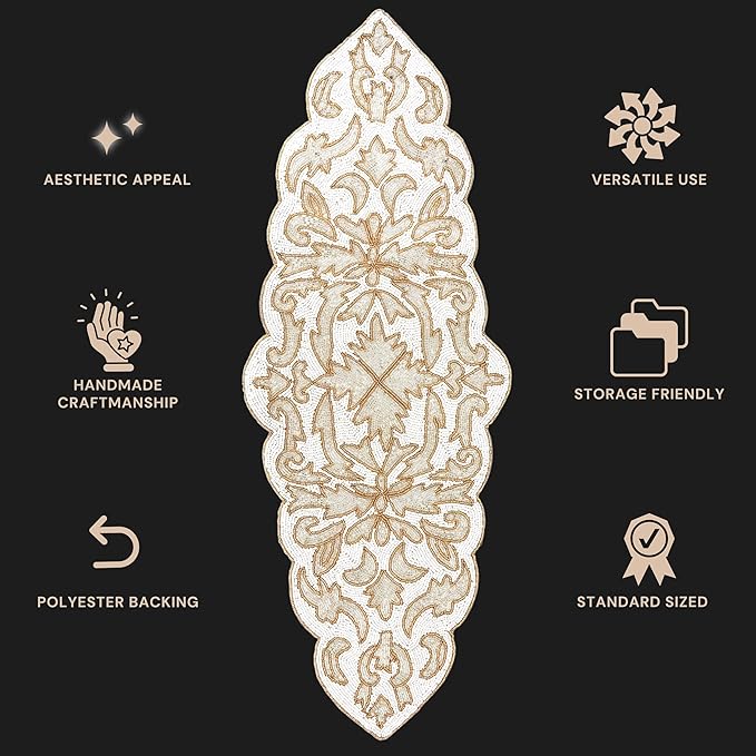 Beaded Table Runner 13 x 36 Inches - Elegant Dining Table Centerpiece with Glass Beads & Polyester Back, Handmade Decorative Runner for Weddings, Parties & Holiday Décor (White & Gold) - CLEENTABLE